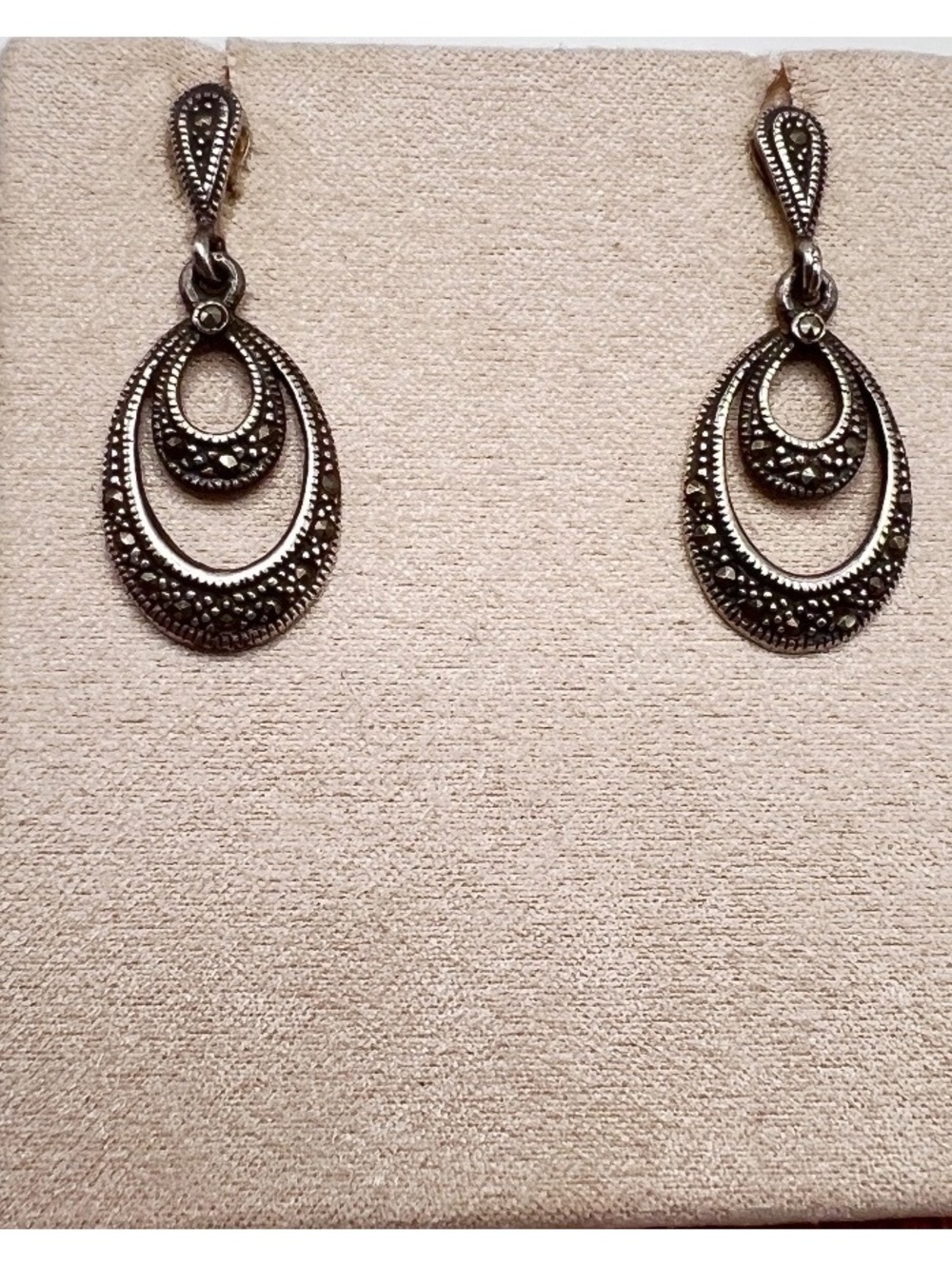 925 Sterling Silver Marcasite Double Drop Dangle Earrings
